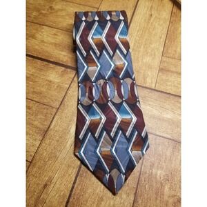 Screenplay by Martin Wong Geometric Burgundy/Blue/Taupe Brown Silk Pointed Tie